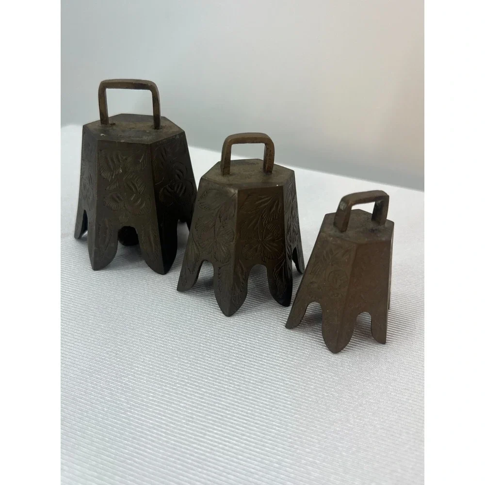 Vintage Bells of Sarna India Brass Bells Set of 3 Etched Floral Graduated